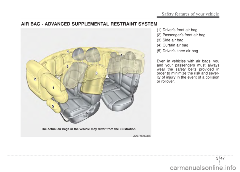 KIA NIRO HYBRID EV 2020 Owners Manual 347
Safety features of your vehicle
(1) Driver’s front air bag
(2) Passenger’s front air bag
(3) Side air bag
(4) Curtain air bag
(5) Driver’s knee air bag
Even in vehicles with air bags, you
an KIA NIRO HYBRID EV 2020 Owners Manual 347
Safety features of your vehicle
(1) Driver’s front air bag
(2) Passenger’s front air bag
(3) Side air bag
(4) Curtain air bag
(5) Driver’s knee air bag
Even in vehicles with air bags, you
an