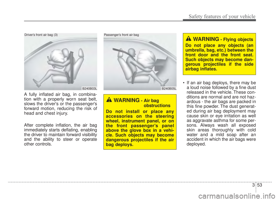 KIA NIRO HYBRID EV 2020 Owners Manual 353
Safety features of your vehicle
A fully inflated air bag, in combina-
tion with a properly worn seat belt,
slows the drivers or the passengers
forward motion, reducing the risk of
head and chest KIA NIRO HYBRID EV 2020 Owners Manual 353
Safety features of your vehicle
A fully inflated air bag, in combina-
tion with a properly worn seat belt,
slows the drivers or the passengers
forward motion, reducing the risk of
head and chest