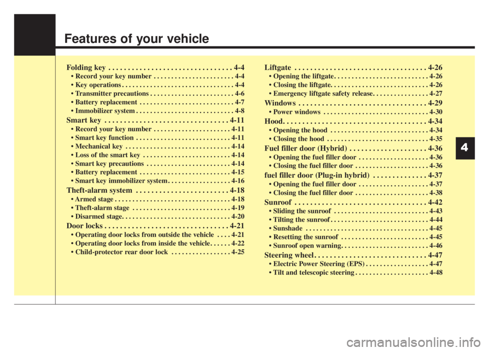 KIA NIRO HYBRID EV 2020  Owners Manual Features of your vehicle
Folding key . . . . . . . . . . . . . . . . . . . . . . . . . . . . . . . . 4-4
• Record your key number . . . . . . . . . . . . . . . . . . . . . . . 4-4
 . . . . . . . . .