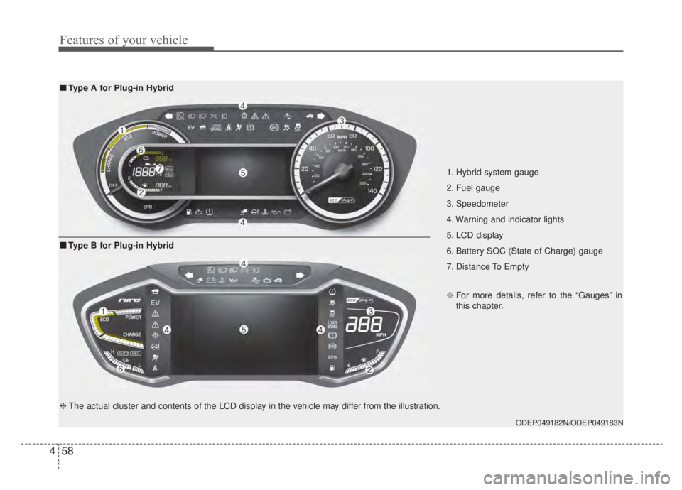 KIA NIRO HYBRID EV 2020 Owners Manual Features of your vehicle
58
4
1. Hybrid system gauge
2. Fuel gauge
3. Speedometer
4. Warning and indicator lights
5. LCD display
6. Battery SOC (State of Charge) gauge
7. Distance To Empty
ODEP04 KIA NIRO HYBRID EV 2020 Owners Manual Features of your vehicle
58
4
1. Hybrid system gauge
2. Fuel gauge
3. Speedometer
4. Warning and indicator lights
5. LCD display
6. Battery SOC (State of Charge) gauge
7. Distance To Empty
ODEP04