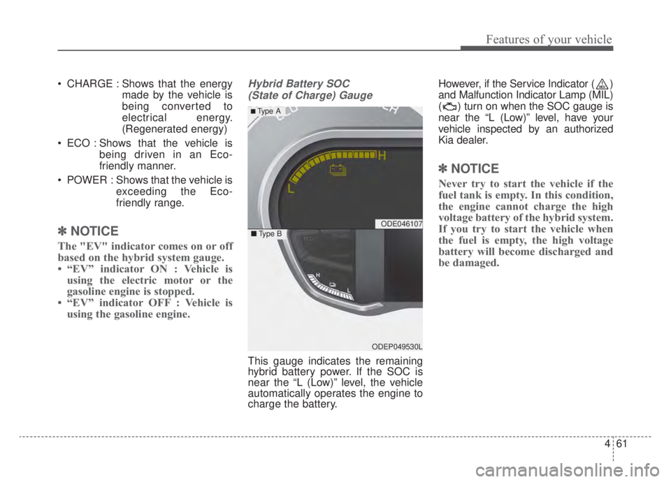 KIA NIRO HYBRID EV 2020 Owners Manual 461
Features of your vehicle
CHARGE : Shows that the energymade by the vehicle is
being converted to
electrical energy.
(Regenerated energy)
ECO : Shows that the vehicle is being driven in an Eco-
KIA NIRO HYBRID EV 2020 Owners Manual 461
Features of your vehicle
CHARGE : Shows that the energymade by the vehicle is
being converted to
electrical energy.
(Regenerated energy)
ECO : Shows that the vehicle is being driven in an Eco-