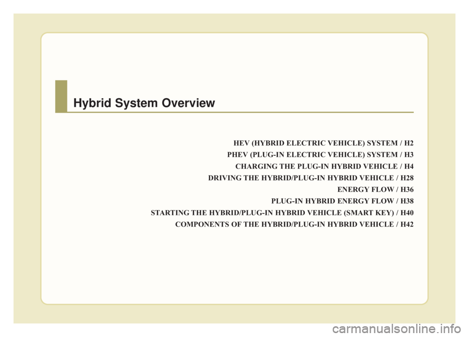 KIA NIRO HYBRID EV 2020 Owners Manual HEV (HYBRID ELECTRIC VEHICLE) SYSTEM / H2
PHEV (PLUG-IN ELECTRIC VEHICLE) SYSTEM / H3 CHARGING THE PLUG-IN HYBRID VEHICLE / H4
DRIVING THE HYBRID/PLUG-IN HYBRID VEHICLE / H28 ENERGY FLOW / H36
PLUG-IN KIA NIRO HYBRID EV 2020 Owners Manual HEV (HYBRID ELECTRIC VEHICLE) SYSTEM / H2
PHEV (PLUG-IN ELECTRIC VEHICLE) SYSTEM / H3 CHARGING THE PLUG-IN HYBRID VEHICLE / H4
DRIVING THE HYBRID/PLUG-IN HYBRID VEHICLE / H28 ENERGY FLOW / H36
PLUG-IN