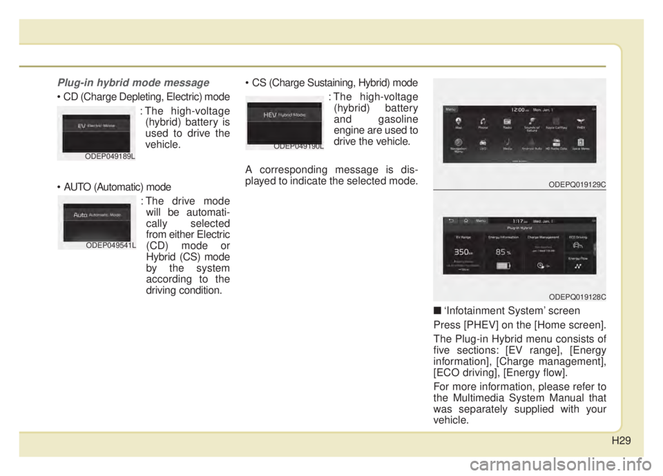 KIA NIRO HYBRID EV 2020 Owners Manual H29
Plug-in hybrid mode message
: The high-voltage(hybrid) battery is
used to drive the
vehicle.
: The drive modewill be automati-
cally selected
from either Electric
(CD) mode or
Hybrid (CS) mode
by KIA NIRO HYBRID EV 2020 Owners Manual H29
Plug-in hybrid mode message
: The high-voltage(hybrid) battery is
used to drive the
vehicle.
: The drive modewill be automati-
cally selected
from either Electric
(CD) mode or
Hybrid (CS) mode
by