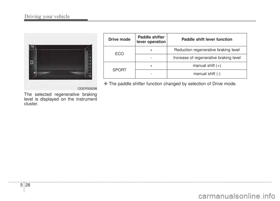 KIA NIRO HYBRID EV 2020 Owners Manual Driving your vehicle
28
5
The selected regenerative braking
level is displayed on the instrument
cluster.
ODEP059298
Drive modePaddle shifter
lever operationPaddle shift lever function
ECO+Reduction r KIA NIRO HYBRID EV 2020 Owners Manual Driving your vehicle
28
5
The selected regenerative braking
level is displayed on the instrument
cluster.
ODEP059298
Drive modePaddle shifter
lever operationPaddle shift lever function
ECO+Reduction r
