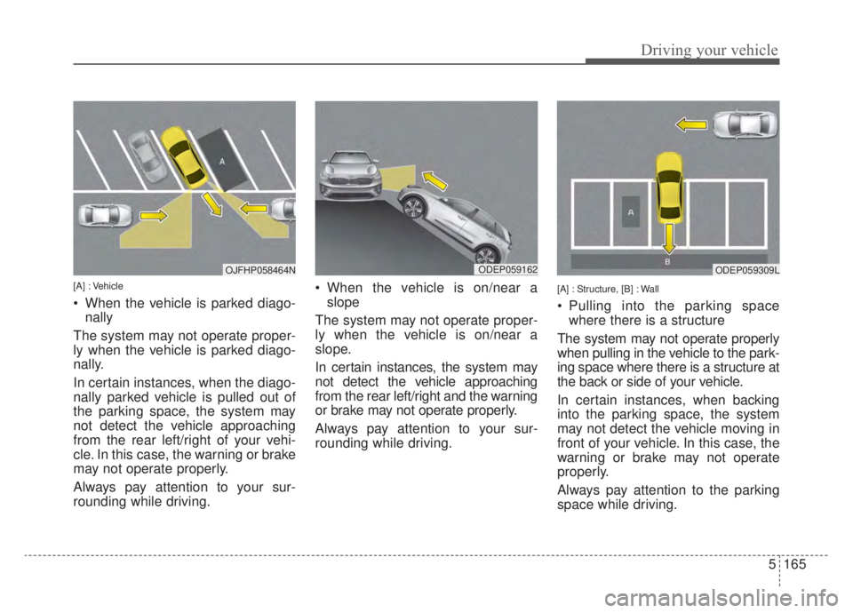 KIA NIRO HYBRID EV 2020  Owners Manual 5165
Driving your vehicle
[A] : Vehicle
 When the vehicle is parked diago-nally
The system may not operate proper-
ly when the vehicle is parked diago-
nally.
In certain instances, when the diago-
nal