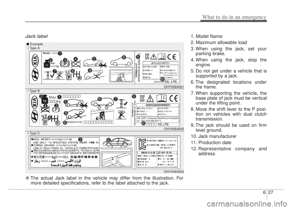 KIA NIRO HYBRID EV 2020 Owners Manual 627
What to do in an emergency
Jack label1. Model Name
2. Maximum allowable load
3. When using the jack, set yourparking brake.
4. When using the jack, stop the engine.
5. Do not get under a vehicle t KIA NIRO HYBRID EV 2020 Owners Manual 627
What to do in an emergency
Jack label1. Model Name
2. Maximum allowable load
3. When using the jack, set yourparking brake.
4. When using the jack, stop the engine.
5. Do not get under a vehicle t