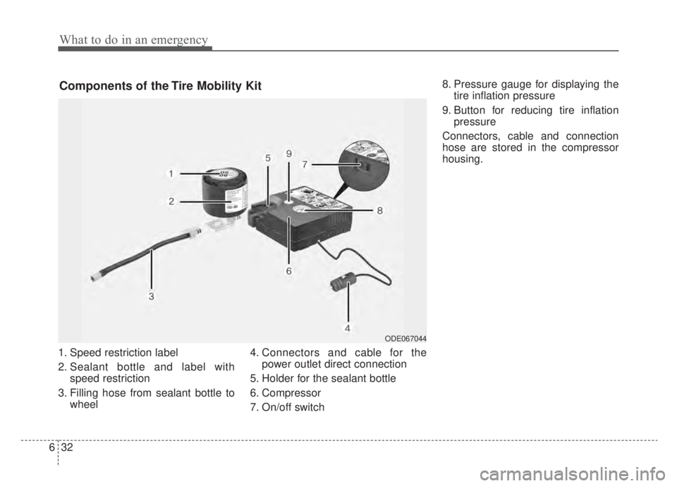 KIA NIRO HYBRID EV 2020  Owners Manual What to do in an emergency
32
6
1. Speed restriction label
2. Sealant bottle and label with
speed restriction
3. Filling hose from sealant bottle to wheel 4. Connectors and cable for the
power outlet 