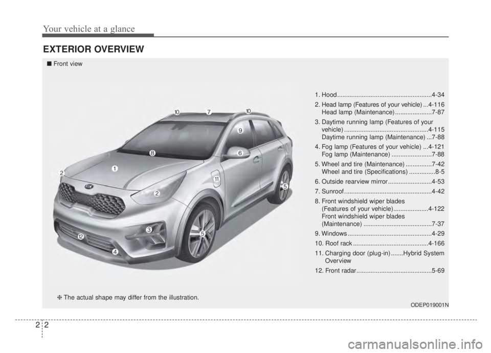 KIA NIRO HYBRID EV 2020 Workshop Manual Your vehicle at a glance
22
EXTERIOR OVERVIEW
1. Hood ......................................................4-34
2. Head lamp (Features of your vehicle) ...4-116
Head lamp (Maintenance) .............. KIA NIRO HYBRID EV 2020 Workshop Manual Your vehicle at a glance
22
EXTERIOR OVERVIEW
1. Hood ......................................................4-34
2. Head lamp (Features of your vehicle) ...4-116
Head lamp (Maintenance) ..............