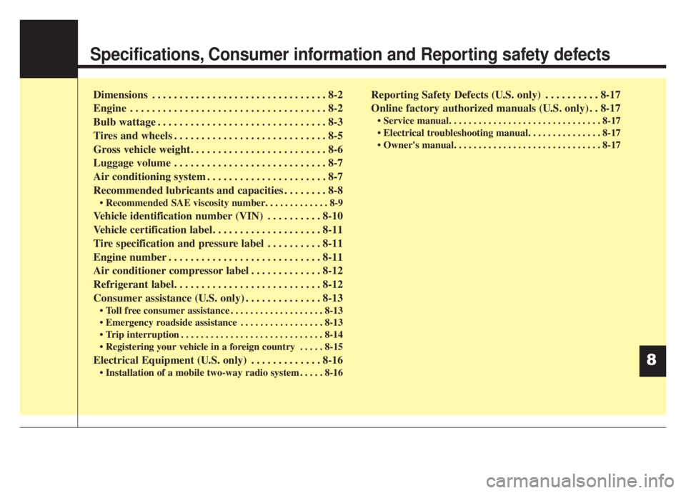 KIA NIRO HYBRID EV 2020  Owners Manual Specifications, Consumer information and Reporting safety defects
Dimensions . . . . . . . . . . . . . . . . . . . . . . . . . . . . . . . . 8-2
Engine  . . . . . . . . . . . . . . . . . . . . . . . .