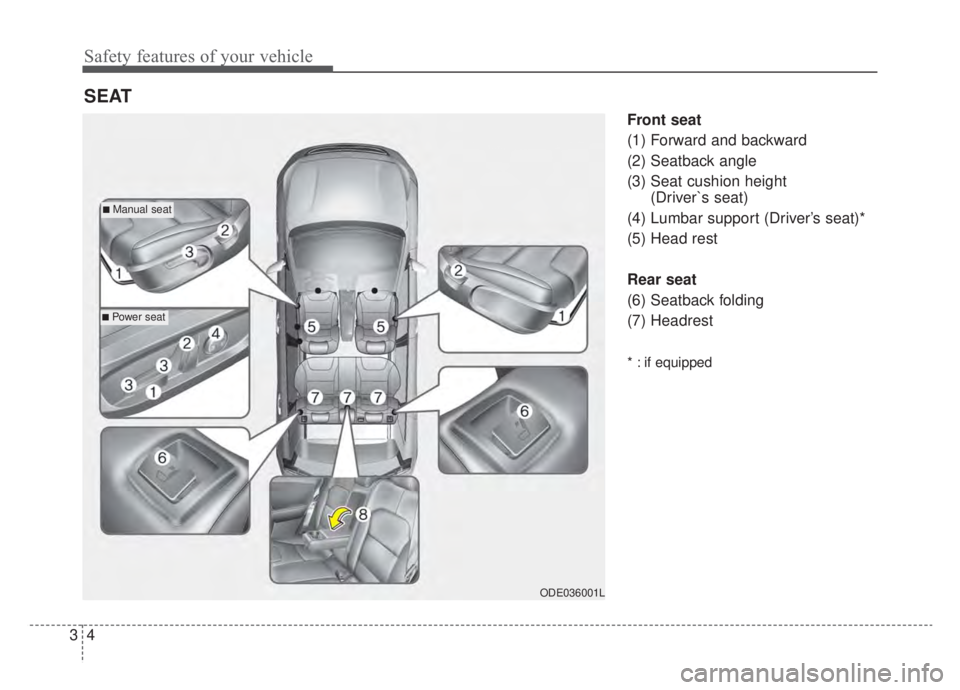 KIA NIRO HYBRID EV 2020 Repair Manual Safety features of your vehicle
43
Front seat
(1) Forward and backward
(2) Seatback angle
(3) Seat cushion height (Driver`s seat)
(4) Lumbar support (Driver’s seat)*
(5) Head rest
Rear seat
(6) Seat KIA NIRO HYBRID EV 2020 Repair Manual Safety features of your vehicle
43
Front seat
(1) Forward and backward
(2) Seatback angle
(3) Seat cushion height (Driver`s seat)
(4) Lumbar support (Driver’s seat)*
(5) Head rest
Rear seat
(6) Seat