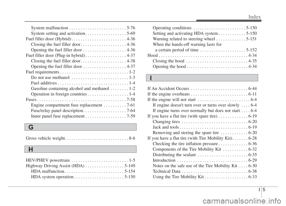 KIA NIRO HYBRID EV 2020 Owners Manual I5
Index
System malfunction . . . . . . . . . . . . . . . . . . . . . . . . . 5-76
System setting and activation . . . . . . . . . . . . . . . . . . 5-69
Fuel filler door (Hybrid) . . . . . . . . . . KIA NIRO HYBRID EV 2020 Owners Manual I5
Index
System malfunction . . . . . . . . . . . . . . . . . . . . . . . . . 5-76
System setting and activation . . . . . . . . . . . . . . . . . . 5-69
Fuel filler door (Hybrid) . . . . . . . . . .