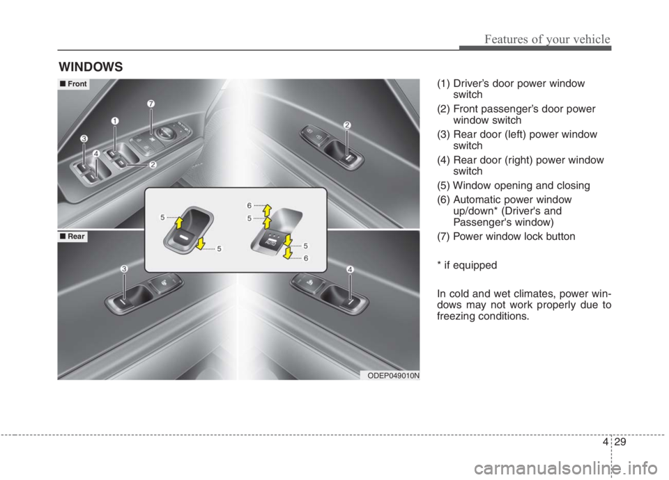 KIA NIRO HYBRID EV 2021 Owners Manual 429
Features of your vehicle
(1) Driver’s door power window
switch
(2) Front passenger’s door power
window switch
(3) Rear door (left) power window
switch
(4) Rear door (right) power window
switch KIA NIRO HYBRID EV 2021 Owners Manual 429
Features of your vehicle
(1) Driver’s door power window
switch
(2) Front passenger’s door power
window switch
(3) Rear door (left) power window
switch
(4) Rear door (right) power window
switch