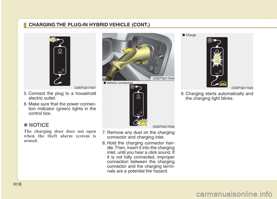 KIA NIRO HYBRID EV 2021 Owners Manual H18
5. Connect the plug to a household
electric outlet.
6. Make sure that the power connec-
tion indicator (green) lights in the
control box.
✽ ✽
NOTICE
The charging door does not open
when the th