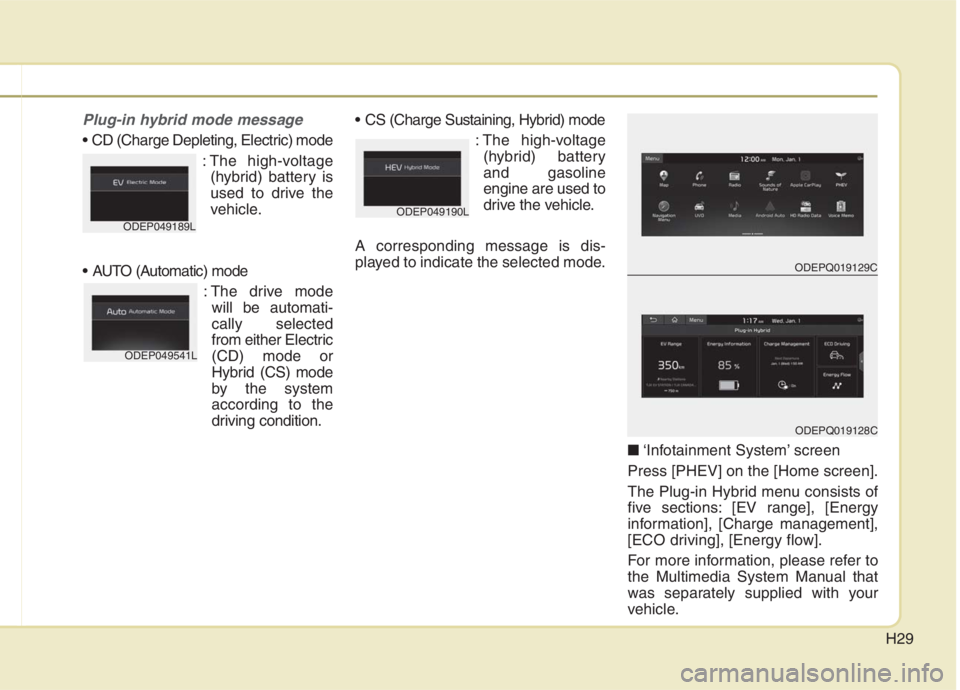 KIA NIRO HYBRID EV 2021  Owners Manual H29
Plug-in hybrid mode message

: The high-voltage
(hybrid) battery is
used to drive the
vehicle.

: The drive mode
will be automati-
cally selected
from either Electric
(CD) mode or
Hybrid (CS) mode