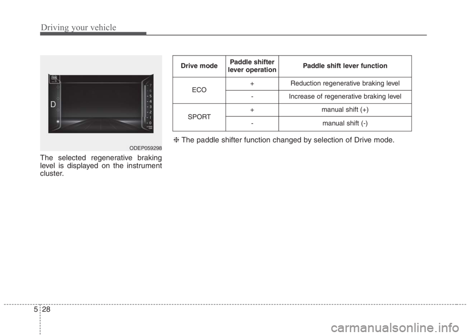 KIA NIRO HYBRID EV 2021 Owners Manual Driving your vehicle
28 5
The selected regenerative braking
level is displayed on the instrument
cluster.
ODEP059298
Drive modePaddle shifter
lever operationPaddle shift lever function
ECO+Reduction r KIA NIRO HYBRID EV 2021 Owners Manual Driving your vehicle
28 5
The selected regenerative braking
level is displayed on the instrument
cluster.
ODEP059298
Drive modePaddle shifter
lever operationPaddle shift lever function
ECO+Reduction r