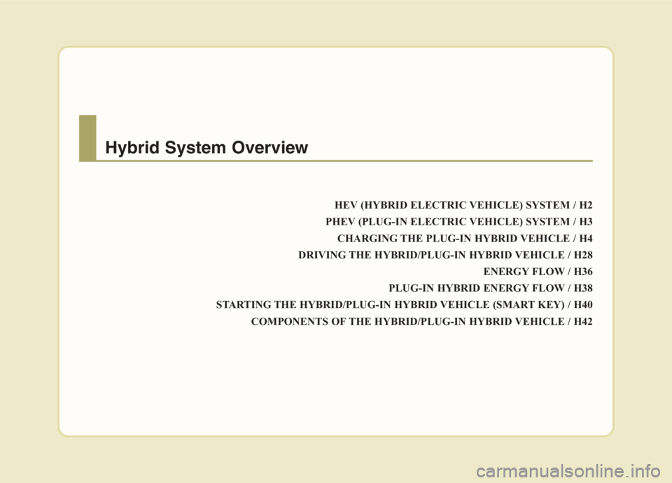 KIA NIRO HYBRID EV 2021  Owners Manual HEV (HYBRID ELECTRIC VEHICLE) SYSTEM / H2
PHEV (PLUG-IN ELECTRIC VEHICLE) SYSTEM / H3
CHARGING THE PLUG-IN HYBRID VEHICLE / H4
DRIVING THE HYBRID/PLUG-IN HYBRID VEHICLE / H28
ENERGY FLOW / H36
PLUG-IN
