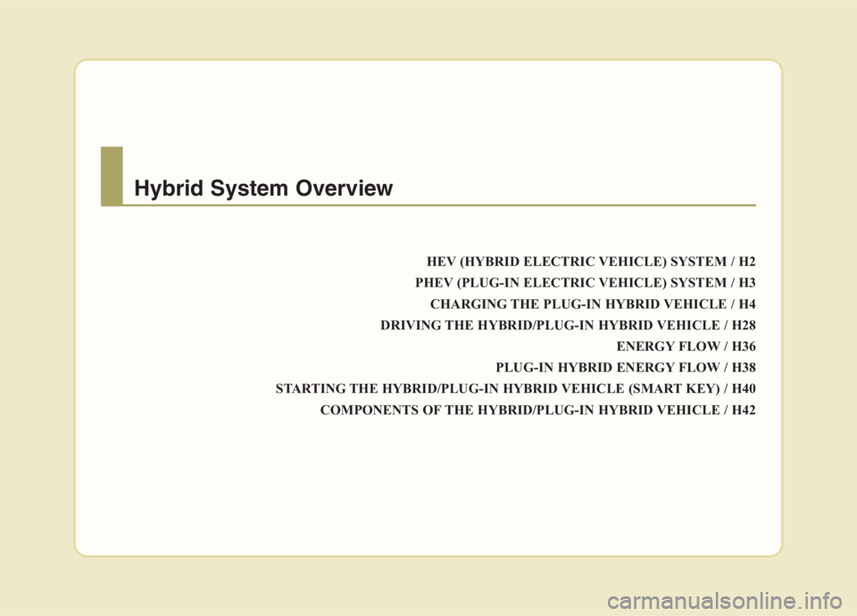 KIA NIRO HYBRID EV 2021 Owners Manual HEV (HYBRID ELECTRIC VEHICLE) SYSTEM / H2
PHEV (PLUG-IN ELECTRIC VEHICLE) SYSTEM / H3
CHARGING THE PLUG-IN HYBRID VEHICLE / H4
DRIVING THE HYBRID/PLUG-IN HYBRID VEHICLE / H28
ENERGY FLOW / H36
PLUG-IN KIA NIRO HYBRID EV 2021 Owners Manual HEV (HYBRID ELECTRIC VEHICLE) SYSTEM / H2
PHEV (PLUG-IN ELECTRIC VEHICLE) SYSTEM / H3
CHARGING THE PLUG-IN HYBRID VEHICLE / H4
DRIVING THE HYBRID/PLUG-IN HYBRID VEHICLE / H28
ENERGY FLOW / H36
PLUG-IN