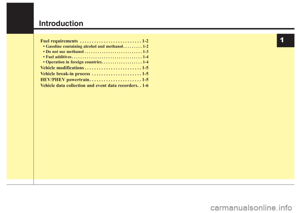KIA NIRO HYBRID EV 2021 Workshop Manual Introduction
Fuel requirements . . . . . . . . . . . . . . . . . . . . . . . . . . 1-2
• Gasoline containing alcohol and methanol . . . . . . . . . 1-2
• Do not use methanol . . . . . . . . . . . 