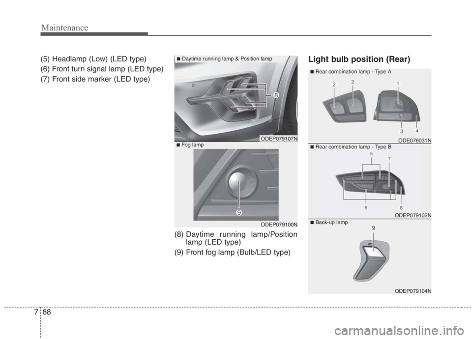 KIA NIRO HYBRID EV 2021  Owners Manual Maintenance
88 7
(5) Headlamp (Low) (LED type)
(6) Front turn signal lamp (LED type)
(7) Front side marker (LED type)
(8) Daytime running lamp/Position
lamp (LED type)
(9) Front fog lamp (Bulb/LED typ