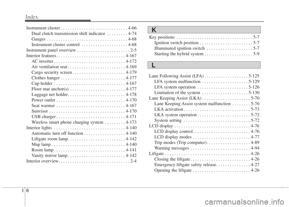 KIA NIRO HYBRID EV 2021  Owners Manual Index
6I
Instrument cluster . . . . . . . . . . . . . . . . . . . . . . . . . . . . . 4-66
Dual clutch transmission shift indicator . . . . . . . . . 4-74
Gauges . . . . . . . . . . . . . . . . . . . 
