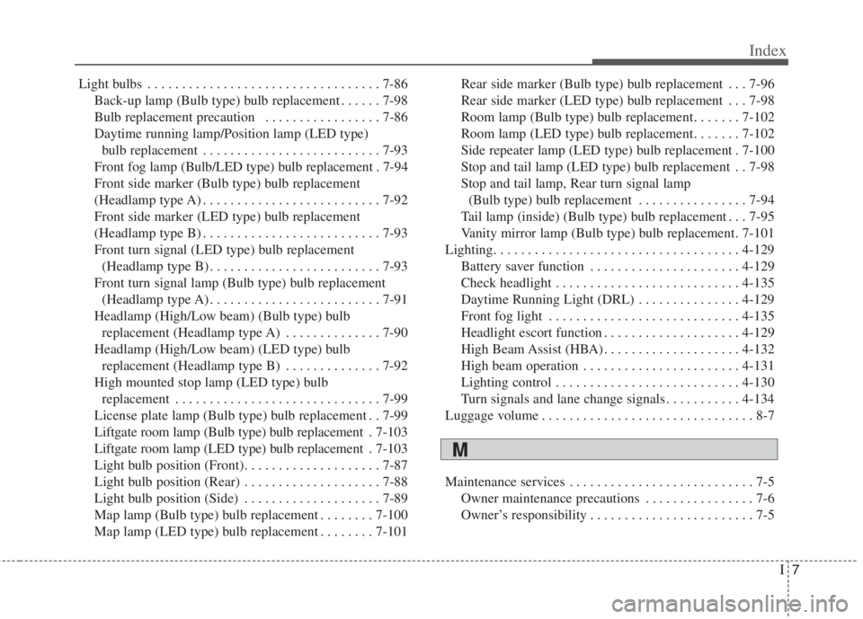 KIA NIRO HYBRID EV 2021  Owners Manual I7
Index
Light bulbs . . . . . . . . . . . . . . . . . . . . . . . . . . . . . . . . . . 7-86
Back-up lamp (Bulb type) bulb replacement . . . . . . 7-98
Bulb replacement precaution  . . . . . . . . . 