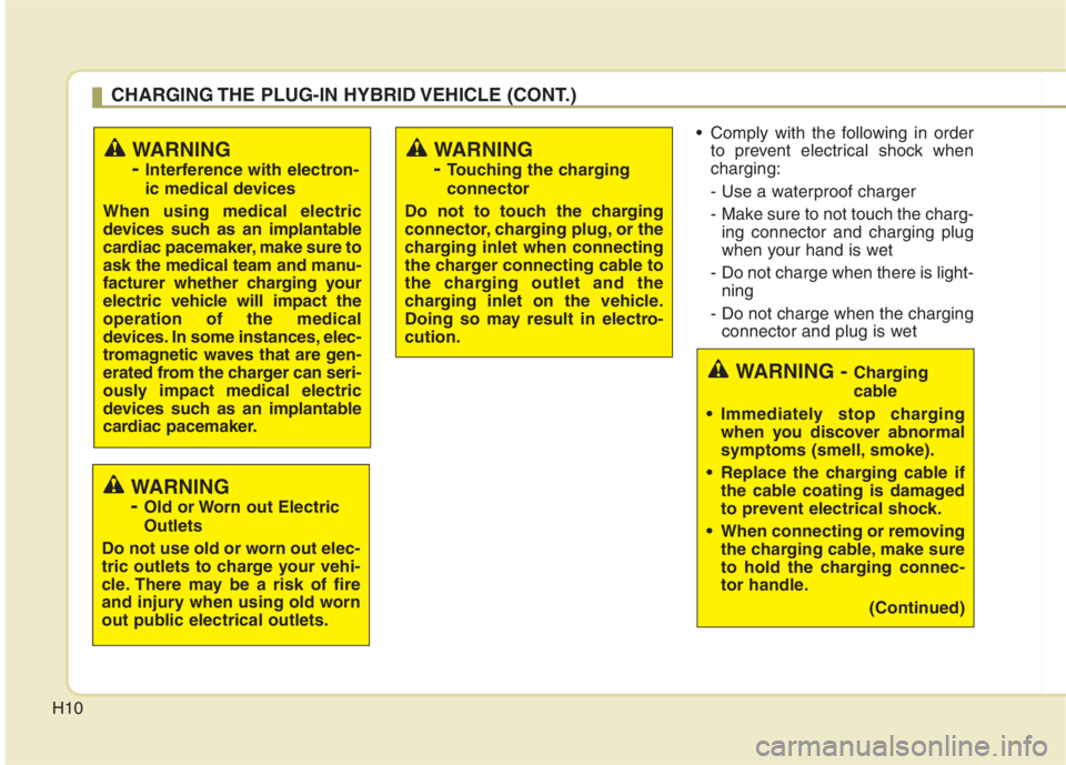 KIA NIRO HYBRID EV 2022  Owners Manual H10
 Comply with the following in order
to prevent electrical shock when
charging:
- Use a waterproof charger 
-  Make sure to not touch the charg-
ing connector and charging plug
when your hand is we