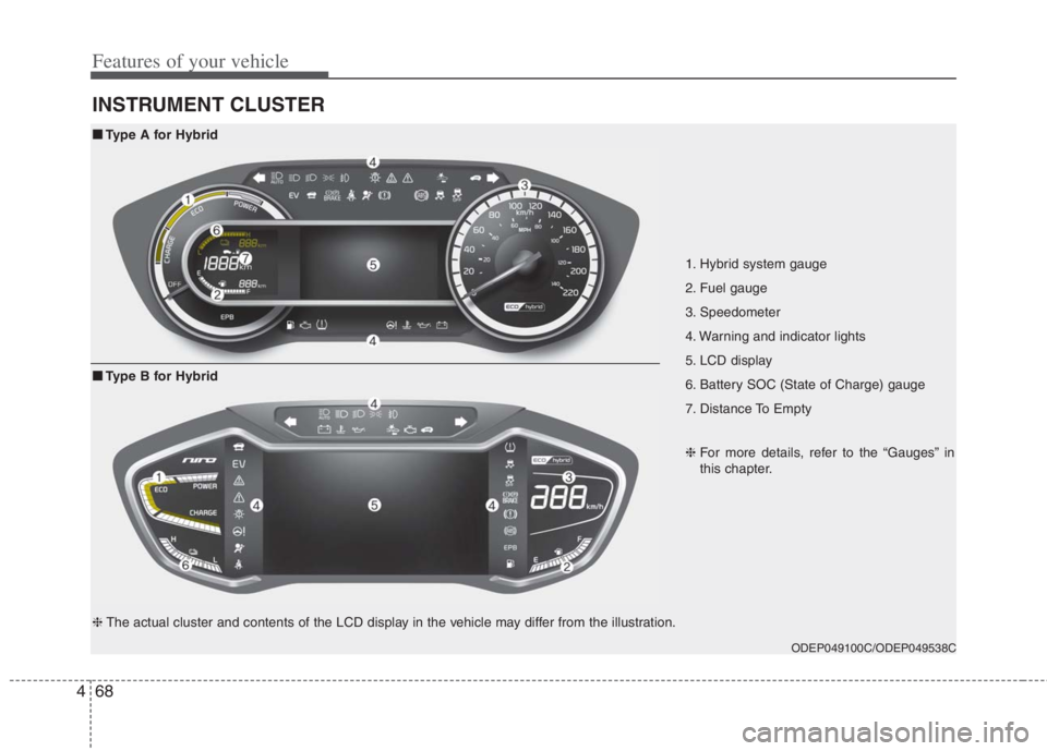 KIA NIRO HYBRID EV 2022 Owners Manual Features of your vehicle
68 4
INSTRUMENT CLUSTER
1. Hybrid system gauge
2. Fuel gauge
3. Speedometer
4. Warning and indicator lights
5. LCD display
6. Battery SOC (State of Charge) gauge
7. Dista KIA NIRO HYBRID EV 2022 Owners Manual Features of your vehicle
68 4
INSTRUMENT CLUSTER
1. Hybrid system gauge
2. Fuel gauge
3. Speedometer
4. Warning and indicator lights
5. LCD display
6. Battery SOC (State of Charge) gauge
7. Dista