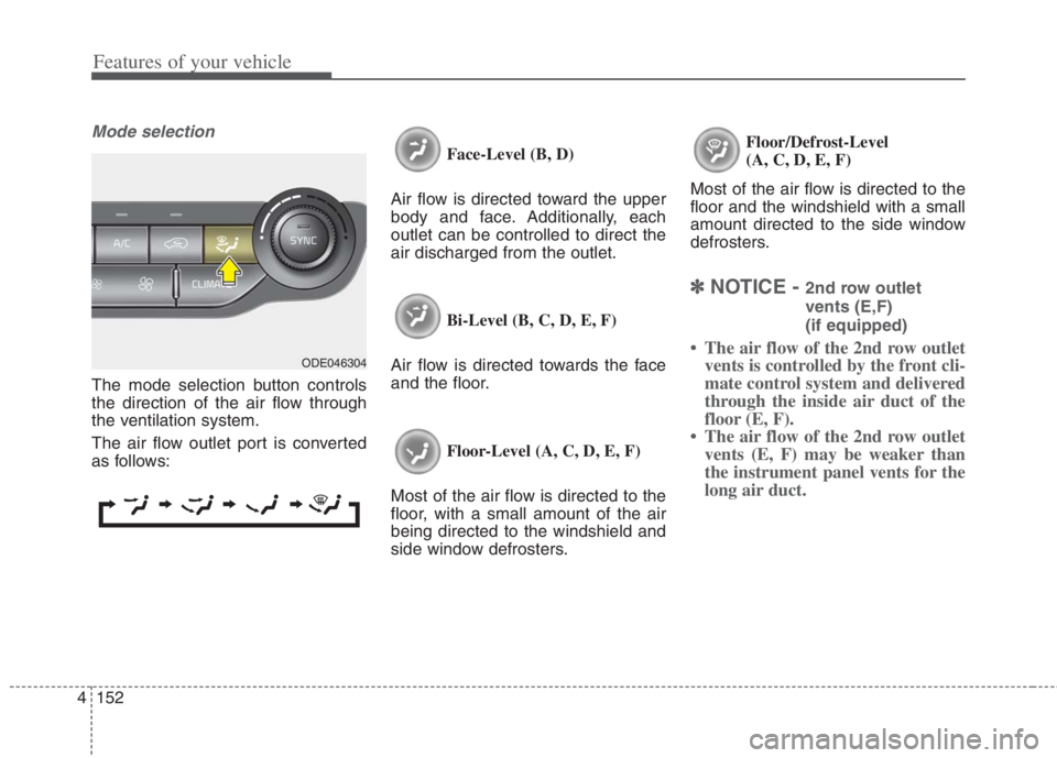 KIA NIRO HYBRID EV 2022  Owners Manual Features of your vehicle
152 4
Mode selection
The mode selection button controls
the direction of the air flow through
the ventilation system.
The air flow outlet port is converted
as follows:Face-Lev