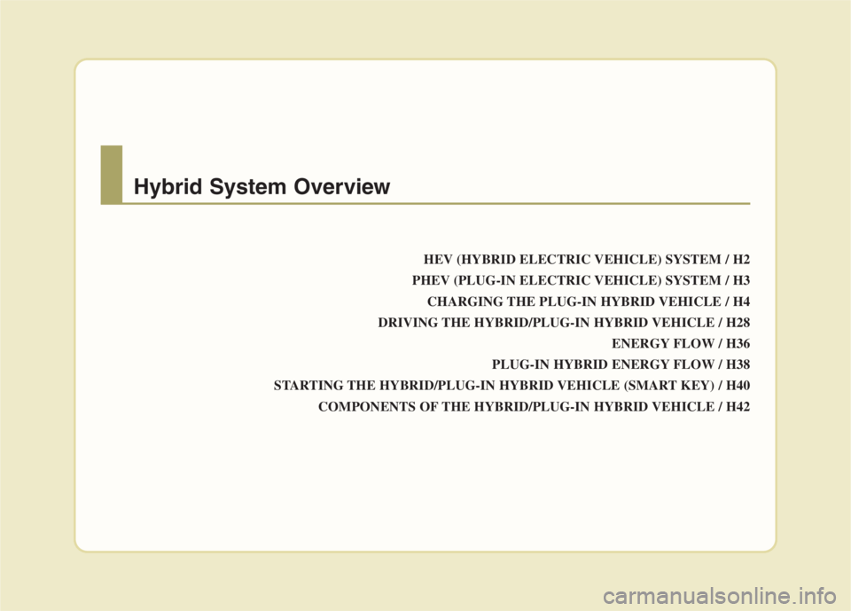 KIA NIRO HYBRID EV 2022  Owners Manual HEV (HYBRID ELECTRIC VEHICLE) SYSTEM / H2
PHEV (PLUG-IN ELECTRIC VEHICLE) SYSTEM / H3
CHARGING THE PLUG-IN HYBRID VEHICLE / H4
DRIVING THE HYBRID/PLUG-IN HYBRID VEHICLE / H28
ENERGY FLOW / H36
PLUG-IN