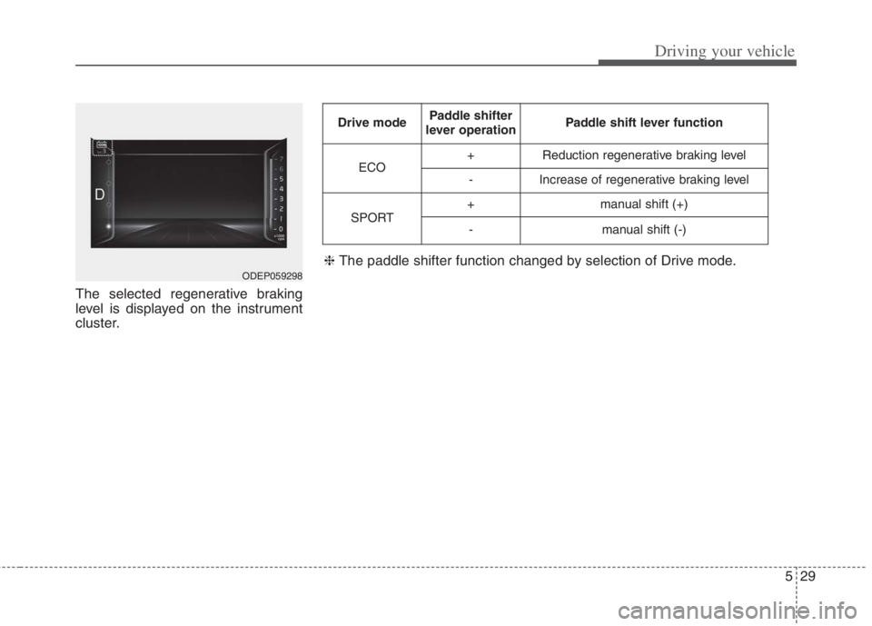KIA NIRO HYBRID EV 2022 Owners Manual 529
Driving your vehicle
The selected regenerative braking
level is displayed on the instrument
cluster.
ODEP059298
Drive modePaddle shifter
lever operationPaddle shift lever function
ECO+Reduction re KIA NIRO HYBRID EV 2022 Owners Manual 529
Driving your vehicle
The selected regenerative braking
level is displayed on the instrument
cluster.
ODEP059298
Drive modePaddle shifter
lever operationPaddle shift lever function
ECO+Reduction re