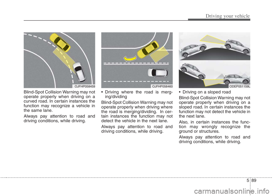 KIA NIRO HYBRID EV 2022 Owners Manual 589
Driving your vehicle
Blind-Spot Collision Warning may not
operate properly when driving on a
curved road. In certain instances the
function may recognize a vehicle in
the same lane.
Always pay att KIA NIRO HYBRID EV 2022 Owners Manual 589
Driving your vehicle
Blind-Spot Collision Warning may not
operate properly when driving on a
curved road. In certain instances the
function may recognize a vehicle in
the same lane.
Always pay att