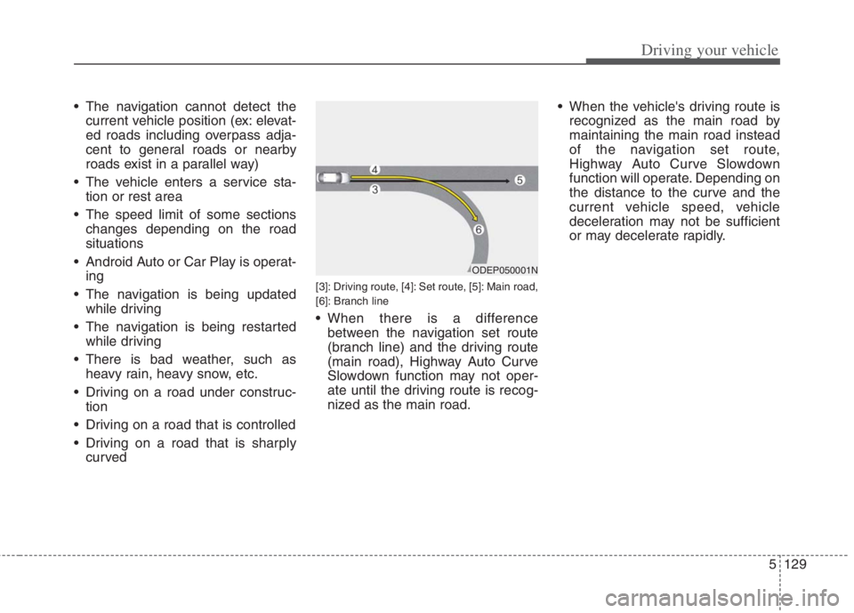 KIA NIRO HYBRID EV 2022 Owners Manual 5129
Driving your vehicle
The navigation cannot detect the
current vehicle position (ex: elevat-
ed roads including overpass adja-
cent to general roads or nearby
roads exist in a parallel way)
The KIA NIRO HYBRID EV 2022 Owners Manual 5129
Driving your vehicle
The navigation cannot detect the
current vehicle position (ex: elevat-
ed roads including overpass adja-
cent to general roads or nearby
roads exist in a parallel way)
The