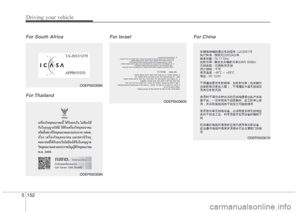KIA NIRO HYBRID EV 2022  Owners Manual Driving your vehicle
152 5
For South Africa
For ThailandFor Israel For China
ODEP050358N
ODEP050359N
ODEP050360N
ODEP050361N 