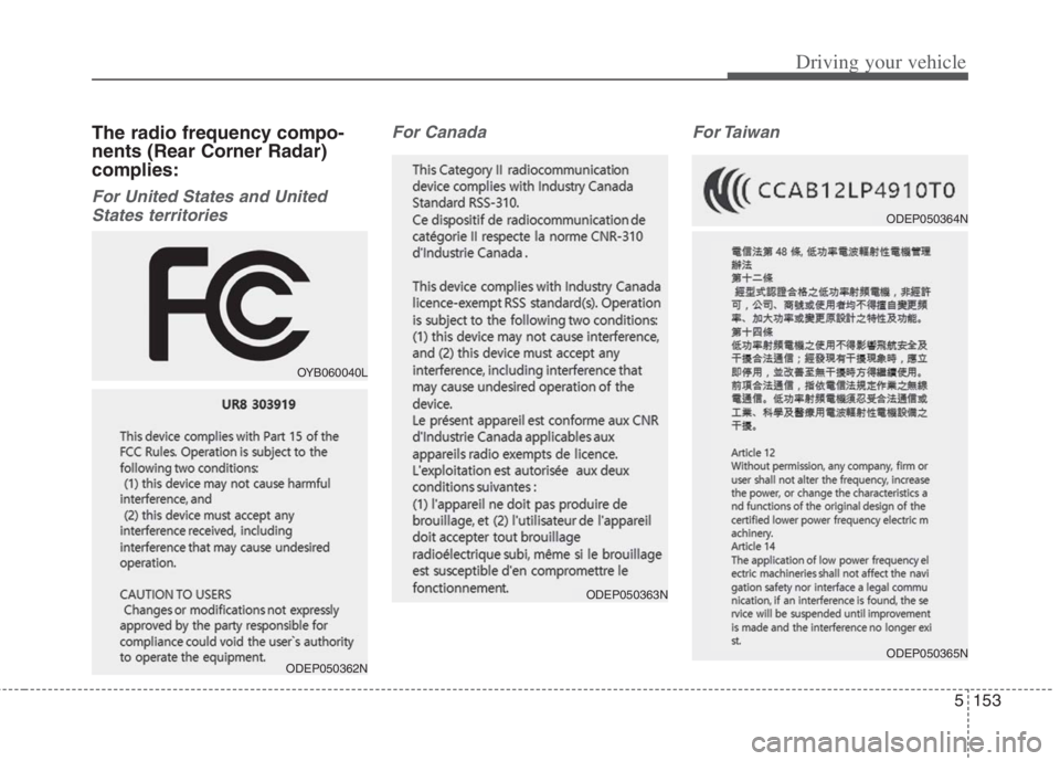 KIA NIRO HYBRID EV 2022  Owners Manual 5153
Driving your vehicle
The radio frequency compo-
nents (Rear Corner Radar)
complies:
For United States and United
States territories For Canada  For Taiwan
OYB060040L
ODEP050362N
ODEP050363N
ODEP0