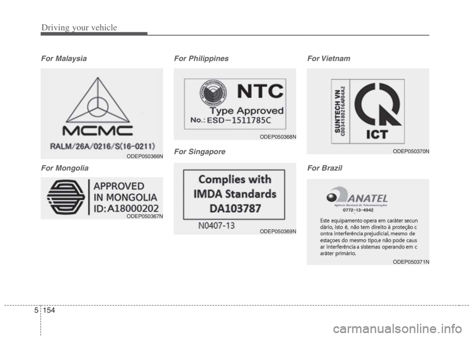 KIA NIRO HYBRID EV 2022 Owners Manual Driving your vehicle
154 5
For Malaysia
For MongoliaFor Philippines
For SingaporeFor Vietnam
For Brazil
ODEP050366N
ODEP050367N
ODEP050368N
ODEP050369N
ODEP050370N
ODEP050371N KIA NIRO HYBRID EV 2022 Owners Manual Driving your vehicle
154 5
For Malaysia
For MongoliaFor Philippines
For SingaporeFor Vietnam
For Brazil
ODEP050366N
ODEP050367N
ODEP050368N
ODEP050369N
ODEP050370N
ODEP050371N