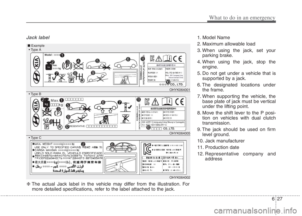 KIA NIRO HYBRID EV 2022 Owners Manual 627
What to do in an emergency
Jack label1. Model Name
2. Maximum allowable load
3. When using the jack, set your
parking brake.
4. When using the jack, stop the
engine.
5. Do not get under a vehicle KIA NIRO HYBRID EV 2022 Owners Manual 627
What to do in an emergency
Jack label1. Model Name
2. Maximum allowable load
3. When using the jack, set your
parking brake.
4. When using the jack, stop the
engine.
5. Do not get under a vehicle