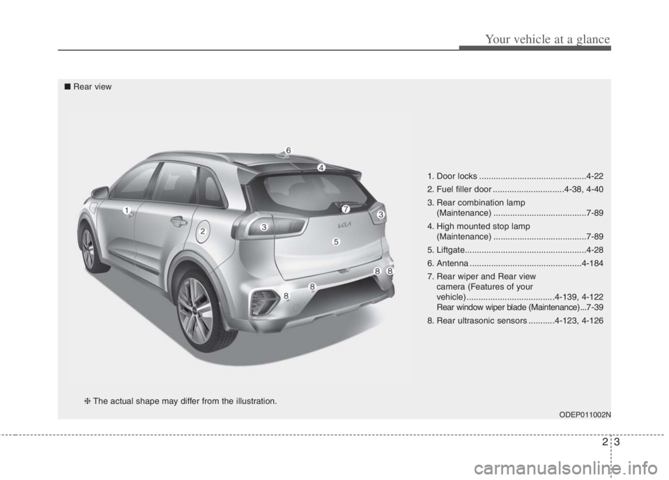 KIA NIRO HYBRID EV 2022 Repair Manual 23
Your vehicle at a glance
1. Door locks .............................................4-22
2. Fuel filler door ..............................4-38, 4-40
3. Rear combination lamp
(Maintenance) ....... KIA NIRO HYBRID EV 2022 Repair Manual 23
Your vehicle at a glance
1. Door locks .............................................4-22
2. Fuel filler door ..............................4-38, 4-40
3. Rear combination lamp
(Maintenance) .......