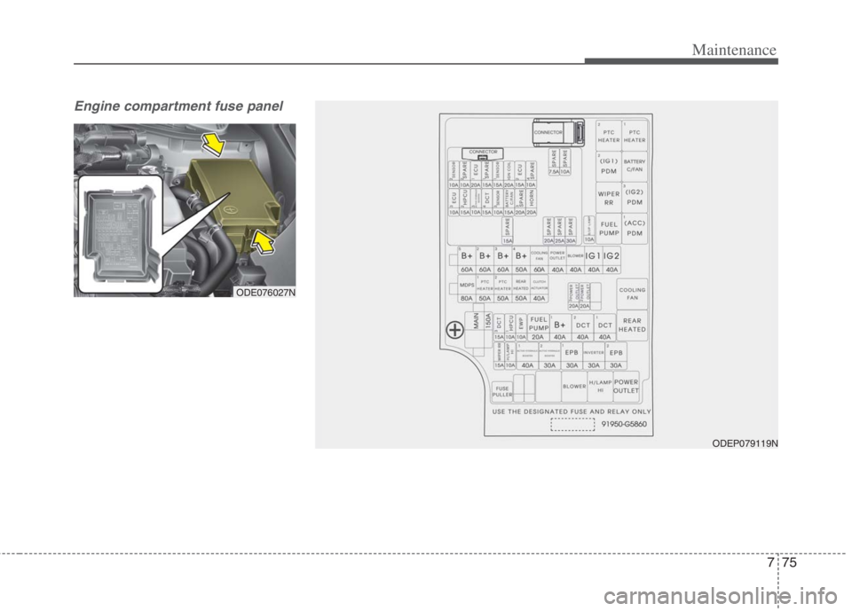 KIA NIRO HYBRID EV 2022 Owners Manual 775
Maintenance
Engine compartment fuse panel
ODEP079119N
ODE076027N KIA NIRO HYBRID EV 2022 Owners Manual 775
Maintenance
Engine compartment fuse panel
ODEP079119N
ODE076027N