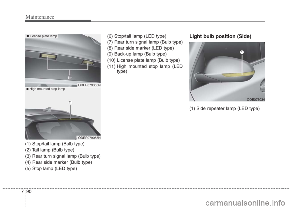 KIA NIRO HYBRID EV 2022 Owners Manual Maintenance
90 7
(1) Stop/tail lamp (Bulb type)
(2) Tail lamp (Bulb type)
(3) Rear turn signal lamp (Bulb type)
(4) Rear side marker (Bulb type)
(5) Stop lamp (LED type)(6) Stop/tail lamp (LED type)
( KIA NIRO HYBRID EV 2022 Owners Manual Maintenance
90 7
(1) Stop/tail lamp (Bulb type)
(2) Tail lamp (Bulb type)
(3) Rear turn signal lamp (Bulb type)
(4) Rear side marker (Bulb type)
(5) Stop lamp (LED type)(6) Stop/tail lamp (LED type)
(