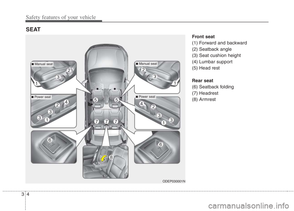 KIA NIRO HYBRID EV 2022 Repair Manual Safety features of your vehicle
4 3
Front seat
(1) Forward and backward
(2) Seatback angle
(3) Seat cushion height
(4) Lumbar support
(5) Head rest
Rear seat
(6) Seatback folding
(7) Headrest
(8) Arm KIA NIRO HYBRID EV 2022 Repair Manual Safety features of your vehicle
4 3
Front seat
(1) Forward and backward
(2) Seatback angle
(3) Seat cushion height
(4) Lumbar support
(5) Head rest
Rear seat
(6) Seatback folding
(7) Headrest
(8) Arm