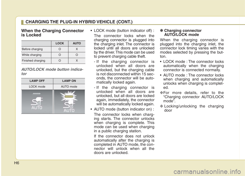 KIA NIRO HYBRID EV 2022 Owners Manual H6
When the Charging Connector
is Locked
AUTO/LOCK mode button indi-
cator
AUTO/LOCK mode button indica-
tor
LOCK mode (button indicator off) :
The connector locks when the
charging connector is plug KIA NIRO HYBRID EV 2022 Owners Manual H6
When the Charging Connector
is Locked
AUTO/LOCK mode button indi-
cator
AUTO/LOCK mode button indica-
tor
LOCK mode (button indicator off) :
The connector locks when the
charging connector is plug