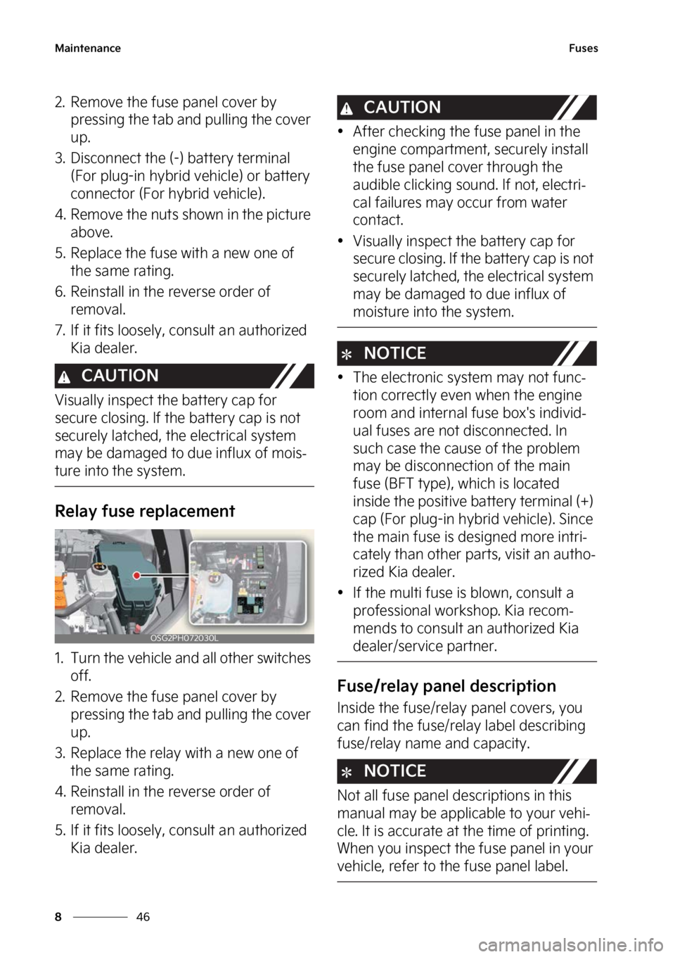 KIA NIRO HYBRID EV 2023  Owners Manual �.�B�J�O�U�F�O�B�O�D�F
��
�
��V�T�F�T
�� �3�F�N�P�W�F��U�I�F��G�V�T�F��Q�B�O�F�M��D�P�W�F�S��C�Z�
�Q�S�F�T�T�J�O�H��U�I�F��U�B�C��B�O�E��Q�V�M�M�J�O�H��U�I�F��D�P�W�F�S�
�V�Q�
��