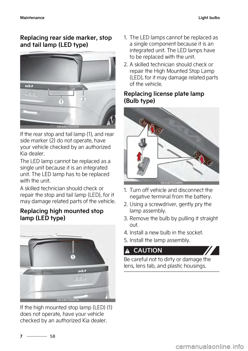 KIA SEDONA 2023  Owners Manual �.�B�J�O�U�F�O�B�O�D�F
��
�
�-�J�H�I�U��C�V�M�C�T
�3�F�Q�M�B�D�J�O�H��S�F�B�S��T�J�E�F��N�B�S�L�F�S�
��T�U�P�Q�
�B�O�E��U�B�J�M��M�B�N�Q��	�-�&�%��U�Z�Q�F�

�*�G��U�I�F��S�F�B�S��T�U�P