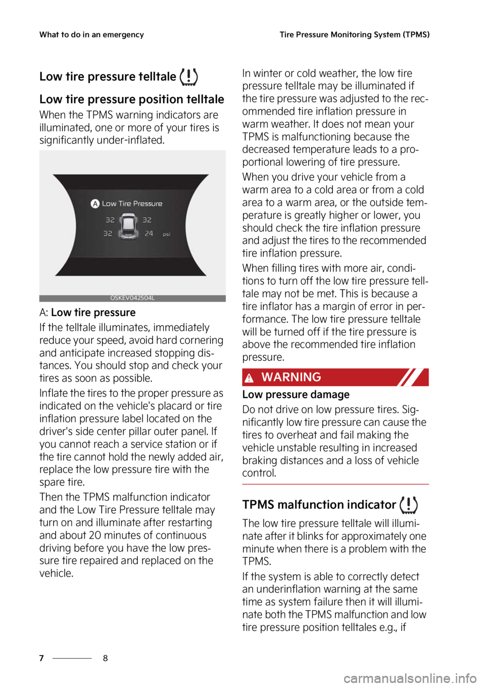 KIA SOUL EV 2023  Owners Manual �8�I�B�U��U�P��E�P��J�O��B�O��F�N�F�S�H�F�O�D�Z
�
�
�5�J�S�F��1�S�F�T�T�V�S�F��.�P�O�J�U�P�S�J�O�H��4�Z�T�U�F�N��	�5�1�.�4�

�-�P�X��U�J�S�F��Q�S�F�T�T�V�S�F��U�F�M�M�U�B�M�F�
�-�P�X��