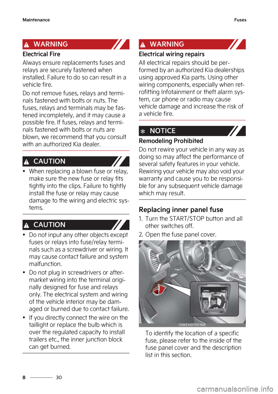 KIA SOUL EV 2023  Owners Manual �.�B�J�O�U�F�O�B�O�D�F
��
�
��V�T�F�T
�8�"�3�/�*�/�(
�&�M�F�D�U�S�J�D�B�M���J�S�F
�"�M�X�B�Z�T��F�O�T�V�S�F��S�F�Q�M�B�D�F�N�F�O�U�T��G�V�T�F�T��B�O�E�
�S�F�M�B�Z�T��B�S�F��T�F�D�V�S�F�M�