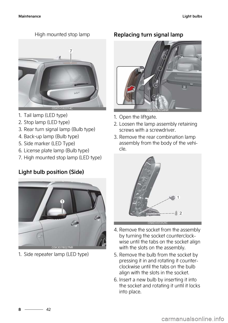 KIA SOUL EV 2023  Owners Manual �.�B�J�O�U�F�O�B�O�D�F
��
�
�-�J�H�I�U��C�V�M�C�T
�)�J�H�I��N�P�V�O�U�F�E��T�U�P�Q��M�B�N�Q
�� �5�B�J�M��M�B�N�Q��	�-�&�%��U�Z�Q�F�

�� �4�U�P�Q��M�B�N�Q��	�-�&�%��U�Z�Q�F�

�� �3�F