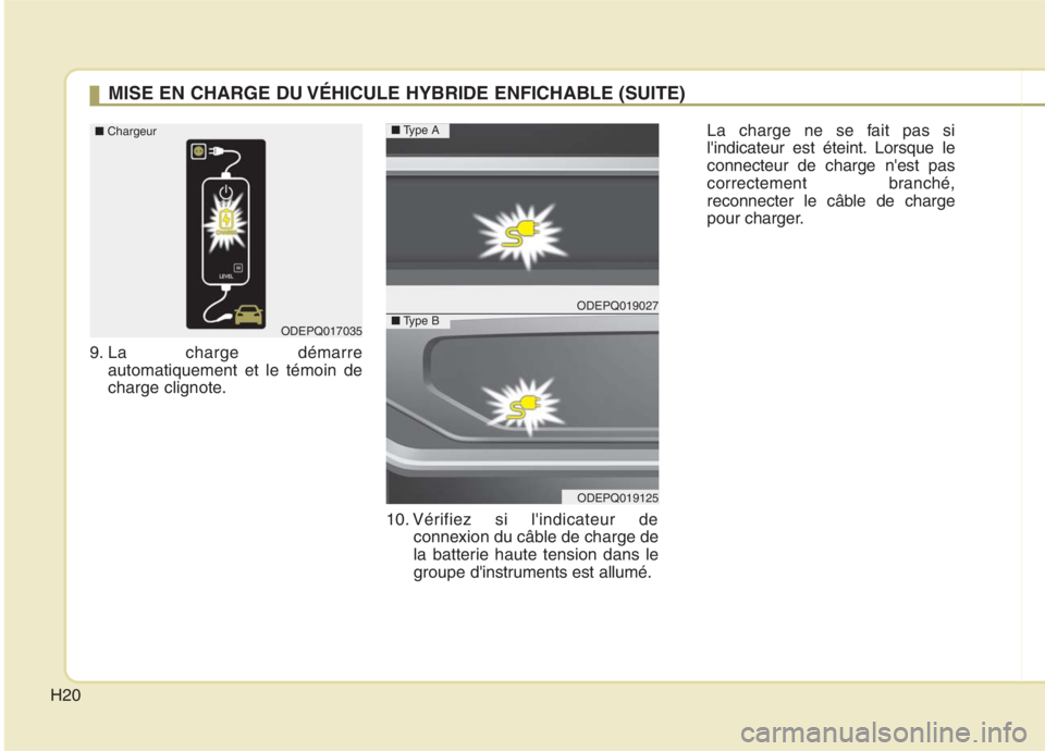 KIA NIRO 2020 Manuel du propriétaire (in French) H20
9. La charge démarreautomatiquement et le témoin de
charge clignote.
10. Vérifiez si lindicateur deconnexion du câble de charge de
la batterie haute tension dans le
groupe dinstruments est KIA NIRO 2020 Manuel du propriétaire (in French) H20
9. La charge démarreautomatiquement et le témoin de
charge clignote.
10. Vérifiez si lindicateur deconnexion du câble de charge de
la batterie haute tension dans le
groupe dinstruments est