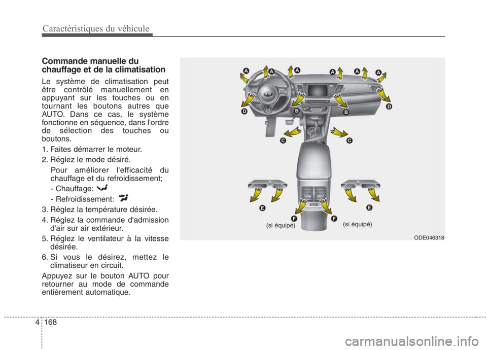 KIA NIRO 2020 Manuel du propriétaire (in French) 168
4
Caractéristiques du véhicule
Commande manuelle du
chauffage et de la climatisation Le système de climatisation peut
être contrôlé manuellement en
appuyant sur les touches ou en
tournant KIA NIRO 2020 Manuel du propriétaire (in French) 168
4
Caractéristiques du véhicule
Commande manuelle du
chauffage et de la climatisation Le système de climatisation peut
être contrôlé manuellement en
appuyant sur les touches ou en
tournant