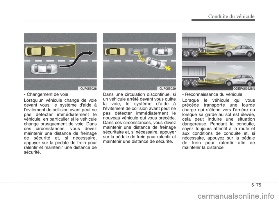 KIA NIRO 2020 Manuel du propriétaire (in French) 575
Conduite du véhicule
- Changement de voie
Lorsquun véhicule change de voie
devant vous, le système daide à
lévitement de collision avant peut nepas détecter immédiatement le
véhicule, KIA NIRO 2020 Manuel du propriétaire (in French) 575
Conduite du véhicule
- Changement de voie
Lorsquun véhicule change de voie
devant vous, le système daide à
lévitement de collision avant peut nepas détecter immédiatement le
véhicule,