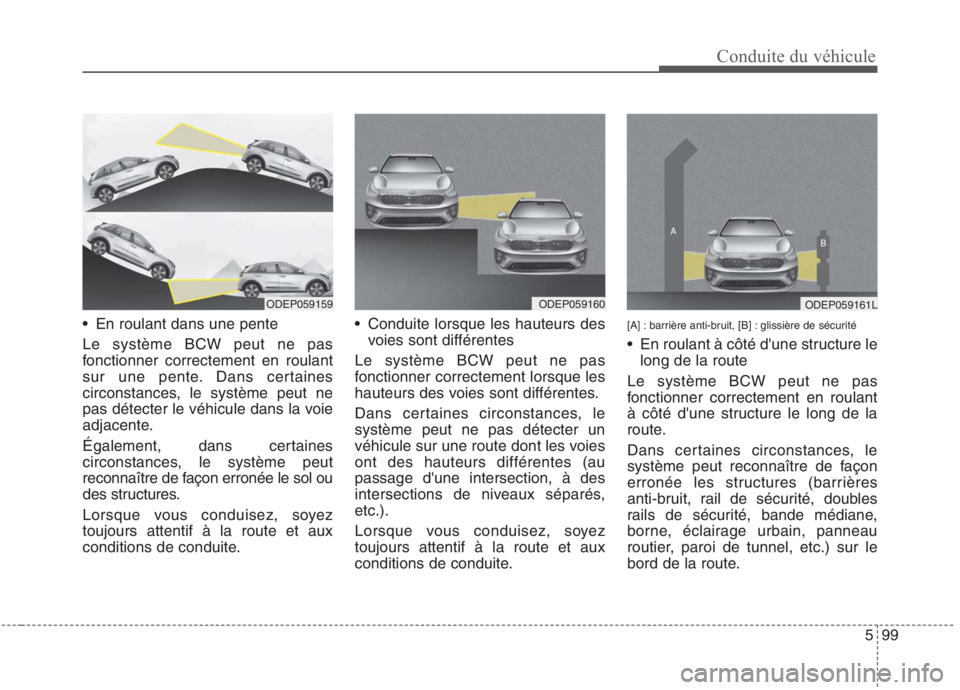KIA NIRO 2020 Manuel du propriétaire (in French) 599
Conduite du véhicule
En roulant dans une pente Le système BCW peut ne pas
fonctionner correctement en roulant
sur une pente. Dans certaines
circonstances, le système peut ne
pas détecter le KIA NIRO 2020 Manuel du propriétaire (in French) 599
Conduite du véhicule
En roulant dans une pente Le système BCW peut ne pas
fonctionner correctement en roulant
sur une pente. Dans certaines
circonstances, le système peut ne
pas détecter le